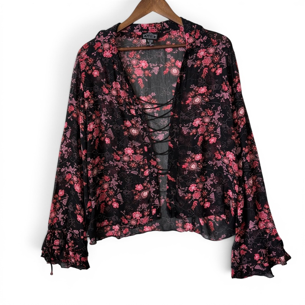 Angie Blouse XL Black Pink Floral Lace Up Y2K Whimsigoth Fairycore Romantic
